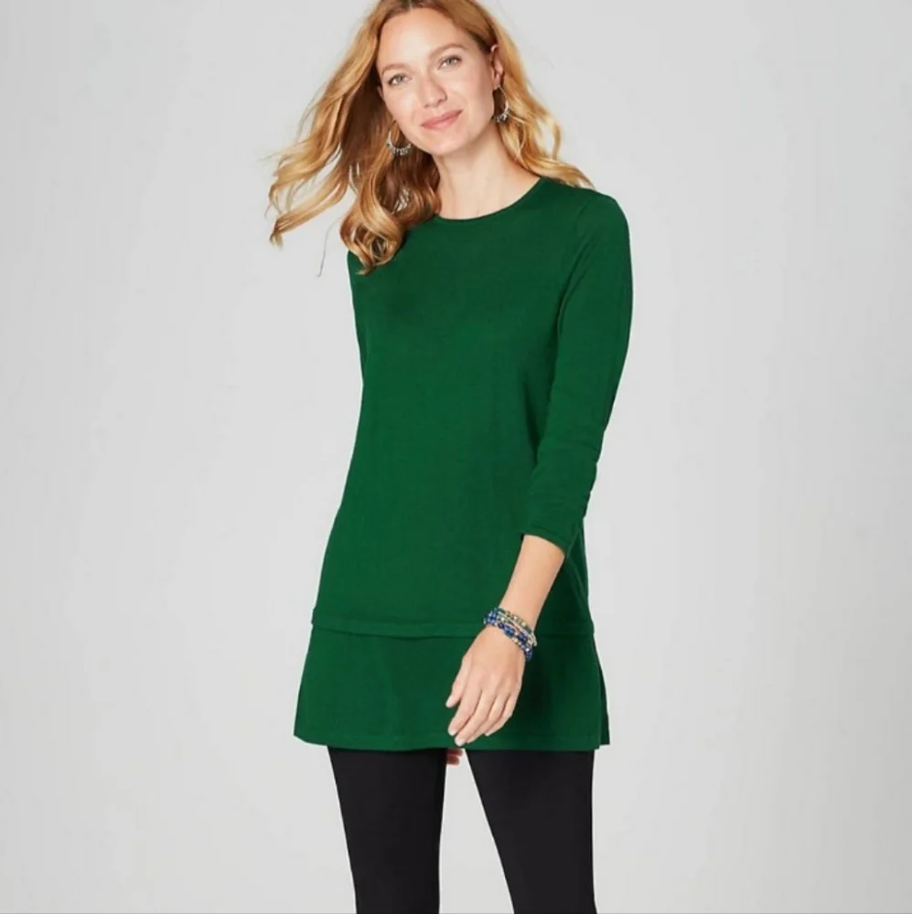 J.Jill Merino Wool Long Sleeve Green Tunic Sweater Top S Petite